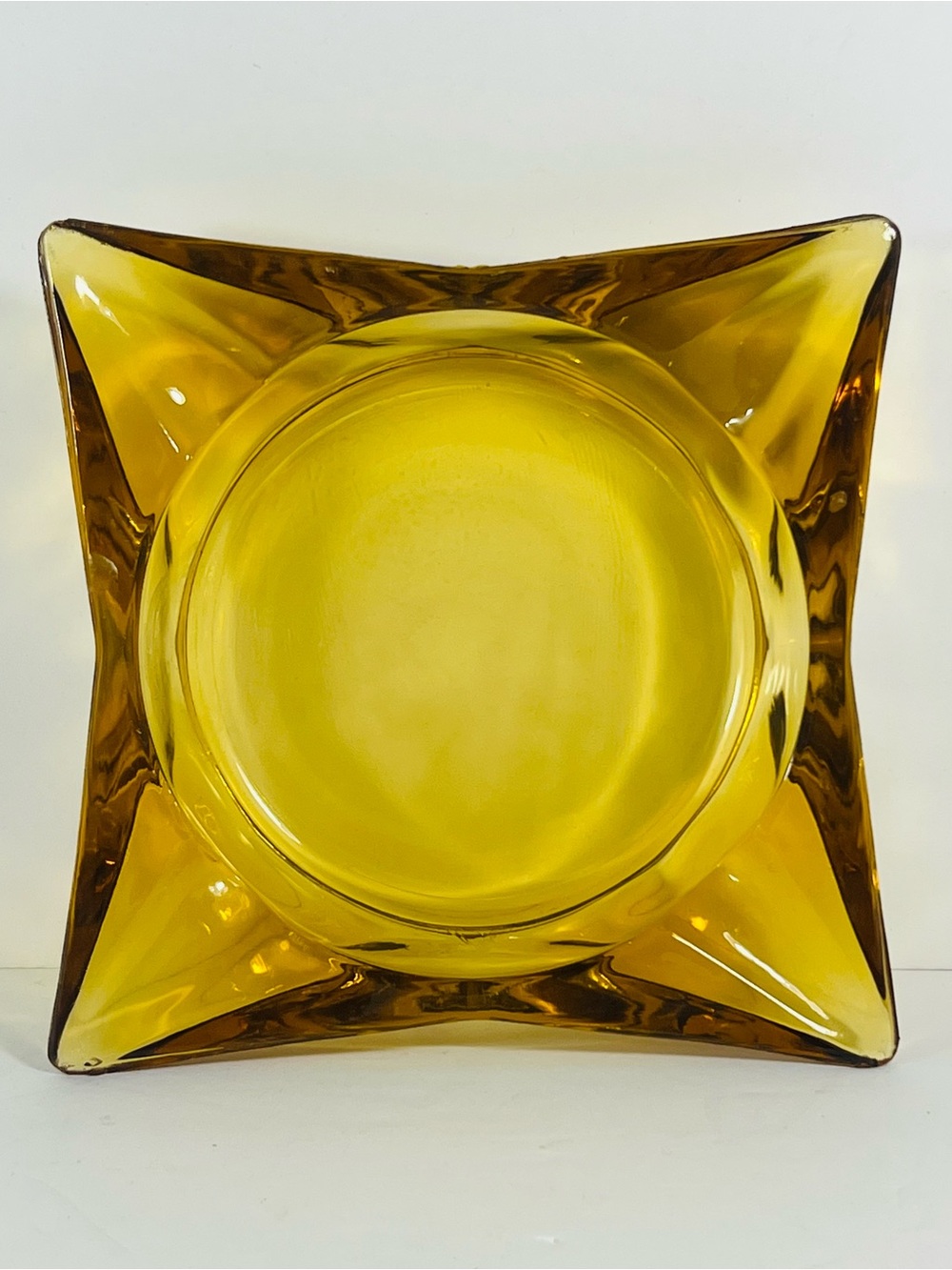 Vintage Amber Glass Square Ashtray Mid Century Modern MCM Heavy Art Glass